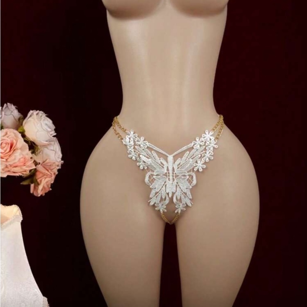 Delicate White Lace Butterfly Thong with Gold Chain